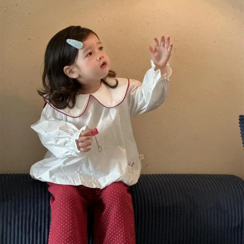 2025 Autumn New Baby Long Sleeve Shirts Cotton Girls Cute Large Lapel Blouse Infant Cartoon Print Casual Tops Toddler Clothes