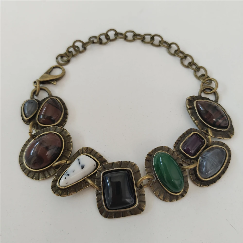 2025 جديد الهندي العرقية خمر سلاسل معدنية ربط أساور النساء بوهو الرجعية بيان الراتنج الأحجار أساور مجوهرات