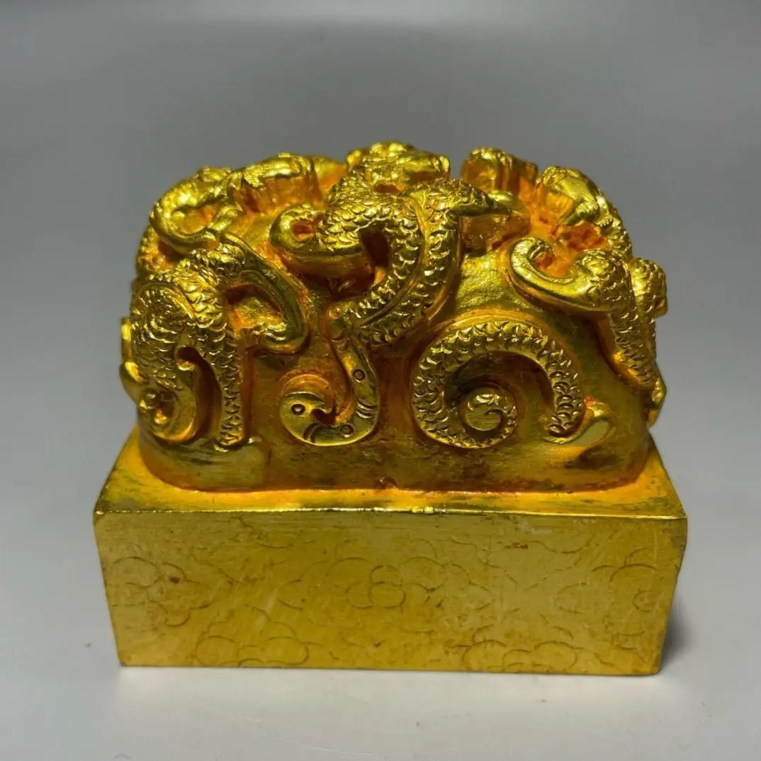 Gilt Nine-Dragon seal coiling dragon auspicious beast seal Ornament Decoration Tea Pet Figurines Desk Decor Accessories