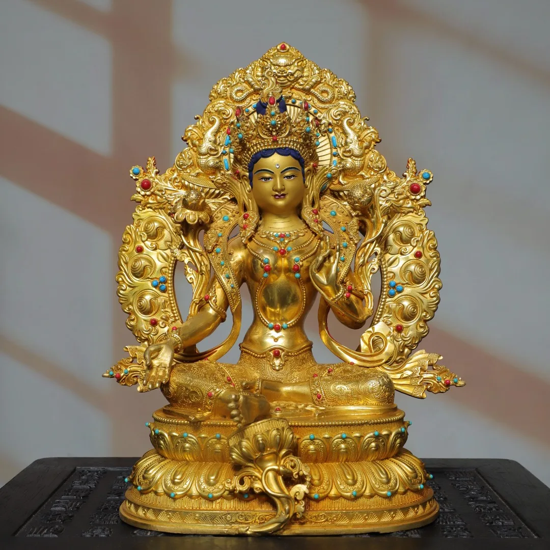 Old Bronze Gilded Painted Face Mosaic Gem Beast pattern backlight Green Tara Sitting Buddha Lotus Buddha Terrace Town house