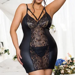 Curve Sexy Lace Leather Lingerie Dress Set Plus Size Hollow Out Nightgown Hip Wrap Pajamas Sheer Mini Nightie Babydoll Outfit