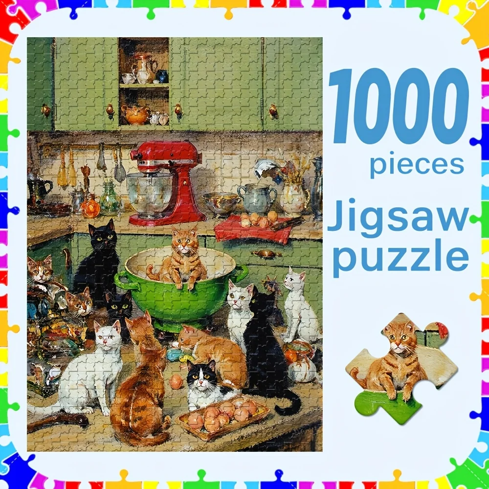 

1000pcs Jigsaw Puzzle - Large Kitchen Scene with 6 Playful Kittens, Red Mixer, Green Bowl - Extra-Large 50.8x71.12cm (20"x28")