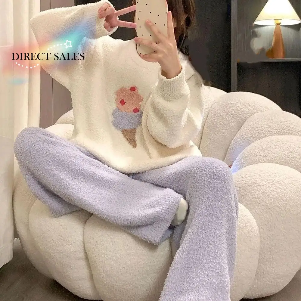

Casual Horse Fleece Pajamas Set Long Sleeve Kawaii Thicken Warm Sleepwear Home Wear Loose Cartoon Pajamas Suit Home