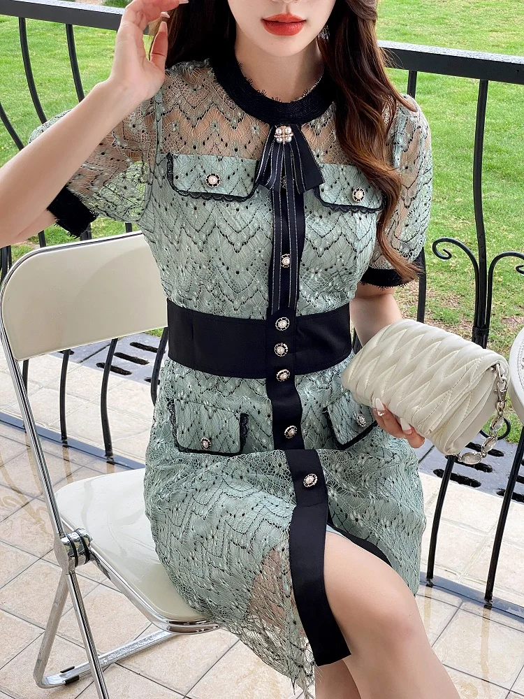 Zomer Zoete Kant Borduurwerk Knop Decor Bow Hals Jurken Elegante Vrouwen Casual Streetwear Midi Feminino Party Dress Vestidos