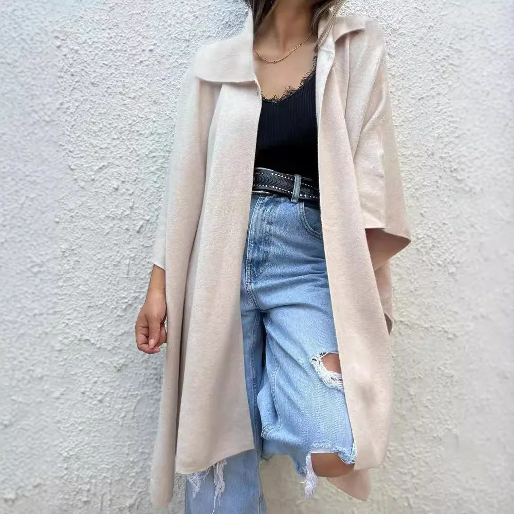 

Spring Autumn Fashion Soft Wool Blends Poncho Cape Coat Women Cardigan Shawl Cloak Windproof New Solid Casual Jacket