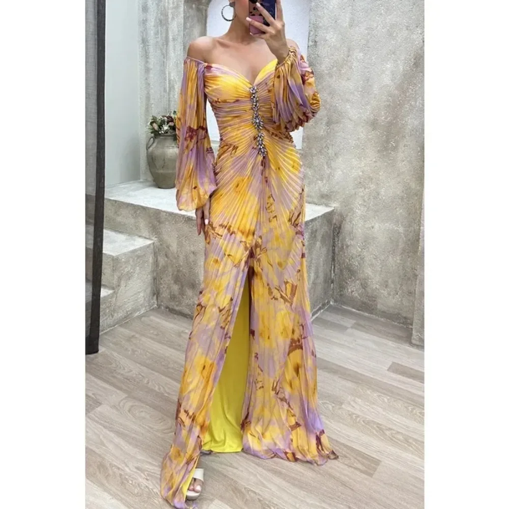 Women's S-XL size Casual Dress V-neck Off Shoulder Pleated Long Sleeved Dress Fashionable Print Slim Fit Slit Dress