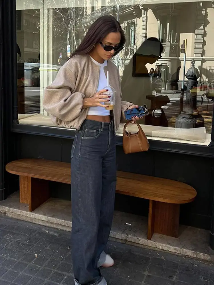 Mulheres Elegante O-pescoço Longo Lanterna Manga Bomber Jaqueta, Casual Bolsos Sólidos, Casaco Curto Solto, Casacos Senhora Chique, Zíper, Novo, 2024