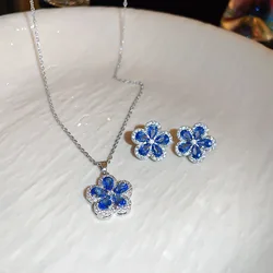 Exquisite Fashion Blue Crystal Zircon Flower Earring Necklace Luxury Design Banquet Jewelry Set