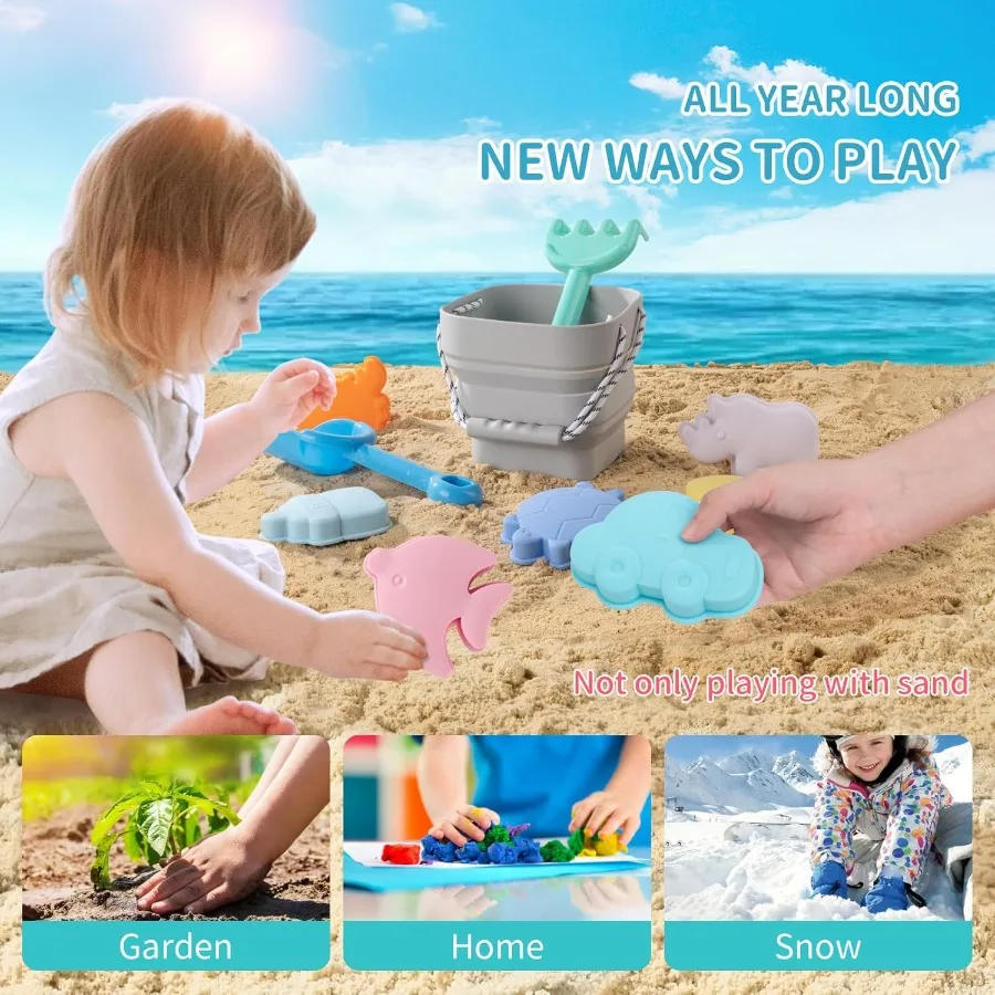 Jouets de plage en Silicone pour bébé, ensemble de plage moderne pour voyage, seau, pelle, 7 moules à sable, sac, jouets de sable pour tout-petits, 11 pièces, gris clair