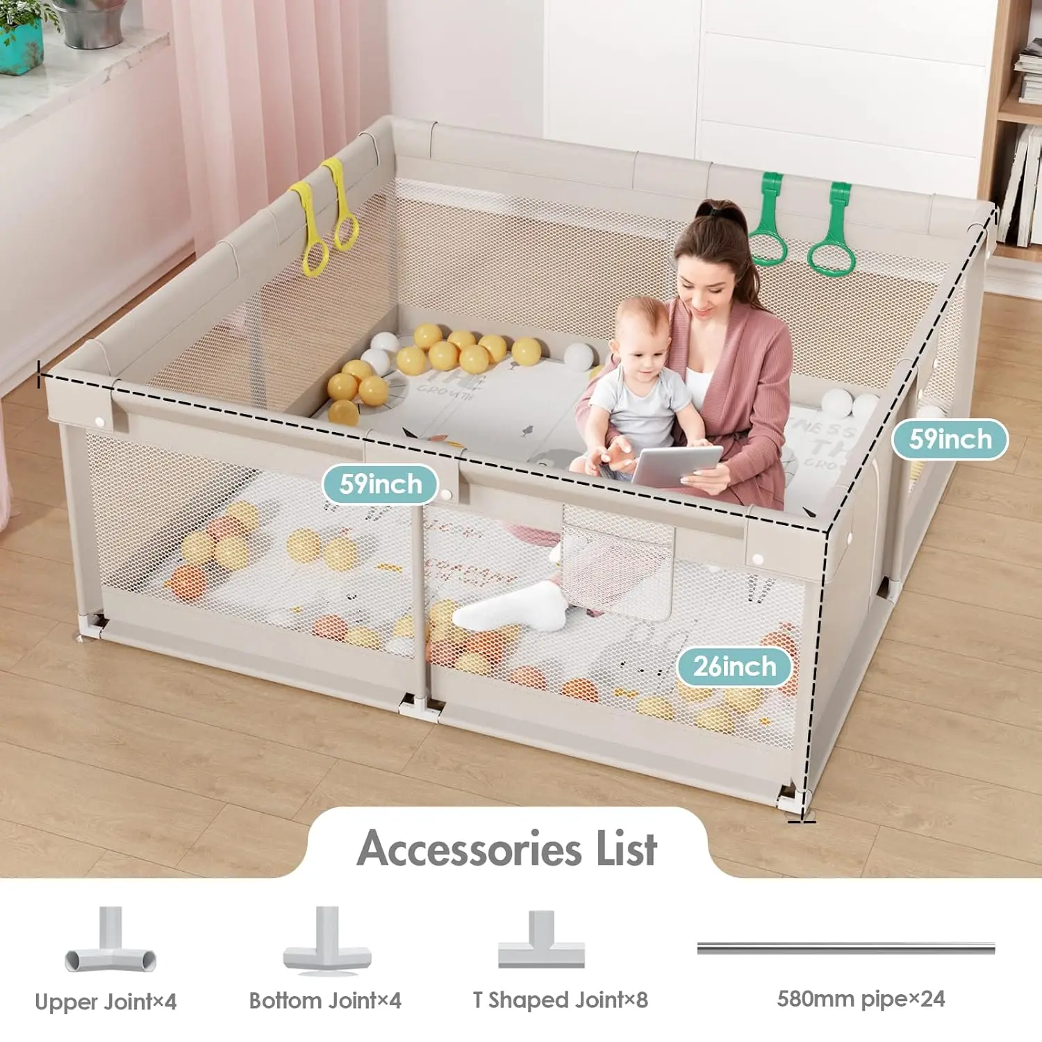 Parc bébé avec tapis, 59x59 pouces parc pour bébés et tout-petits, stylo de jeu pour enfants, cour de jeu pour nourrissons avec porte