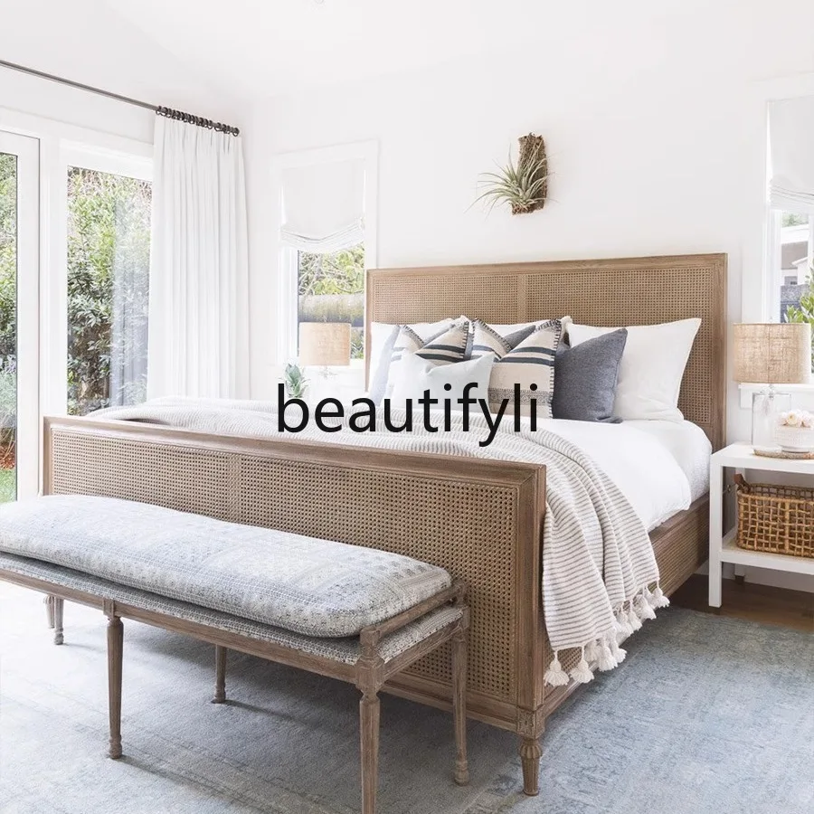 

American Style Solid Wood Bed French Master Bedroom 1.8m Double Wedding Soft Bed Vintage Distressed Bed