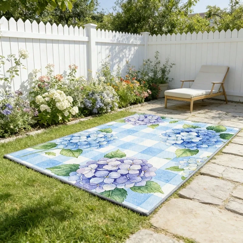 Aquarell-Hortensien Blauer Gingham Outdoor-Terrassenteppich Blumenmuster Rutschfeste Balkon- und Gartenbodenmatte