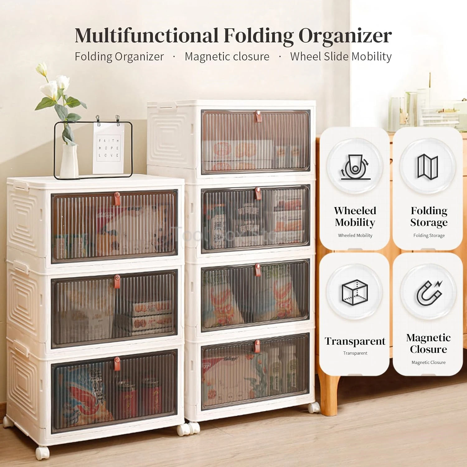 Foldable Multi-Layer Storage Box Home Living Room Sundries Cabinet Stackable Storage Containers with Wheels Snack Books Bin