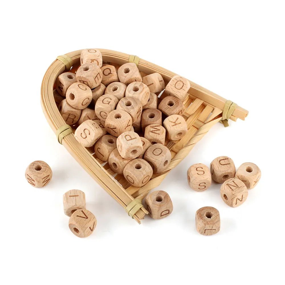 10/100/300/500/1000pcs Wooden Letter Beads Baby Teether DIY Teething Pacifier Chain 12mm English Alphabet Natural Wooden Bead