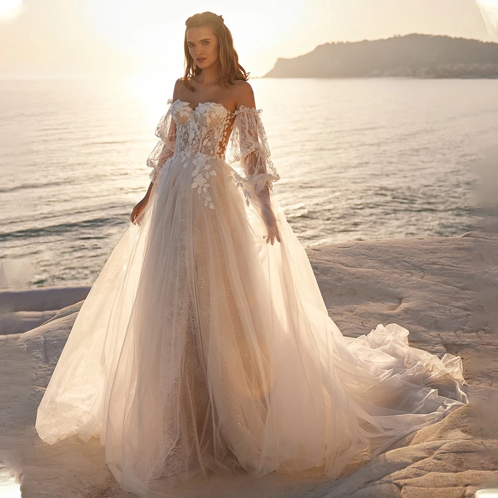 Boho Long Puff Sleeves Sweetheart Wedding Dresses Lace Applique A Line Bridal Grown Custom made Sweep Train vestido de novia