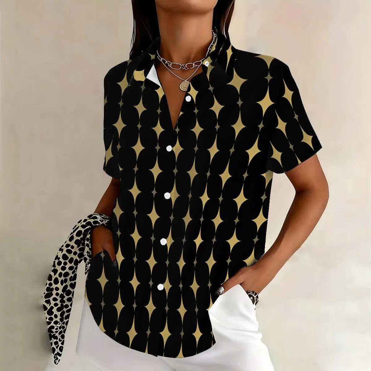 

Simple and personalized star print summer women's plus size lapel short sleeved shirt fashionable daily versatile casual top