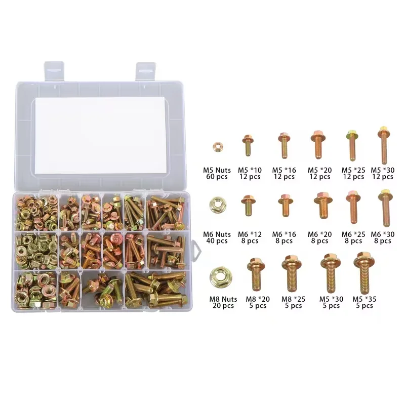 240-piece M5 M6 M8 Flange Nut and Bolt Kit, containing hex head flange bolts and flange nuts for use together