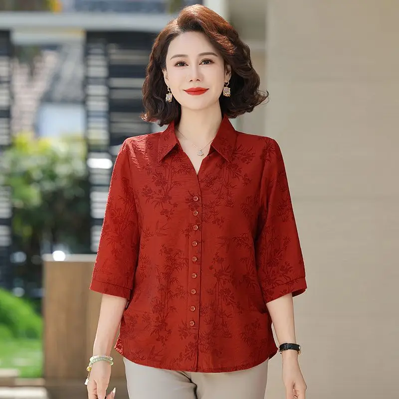 

Middle Age Women Spring Summer New Small Collar Elegant Top