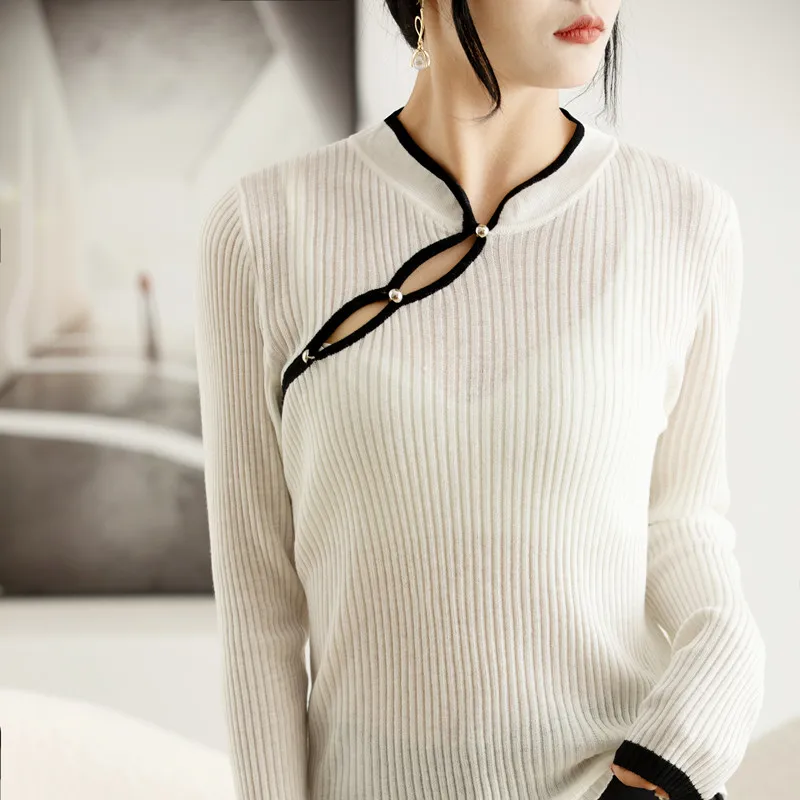 2023 New Women High Elasticity Sweater Chinese Cheongsam Style Pullover Basis Casual Slim Cashmere Warm Knitting Women