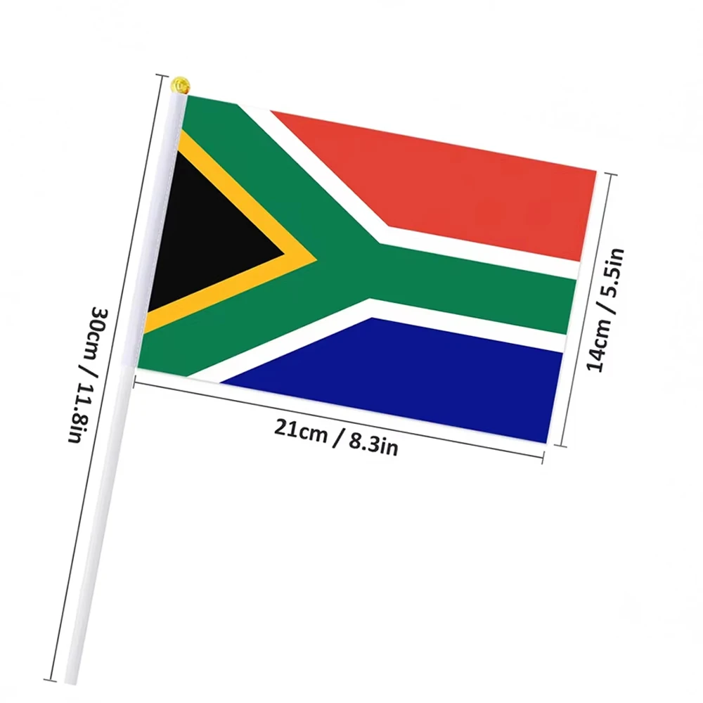 Xvggdg  14 * 21 CM 50pcs/lot South Africa hand flag  Polyester Resistance South Africa Hand Waving Flag with Flagpole