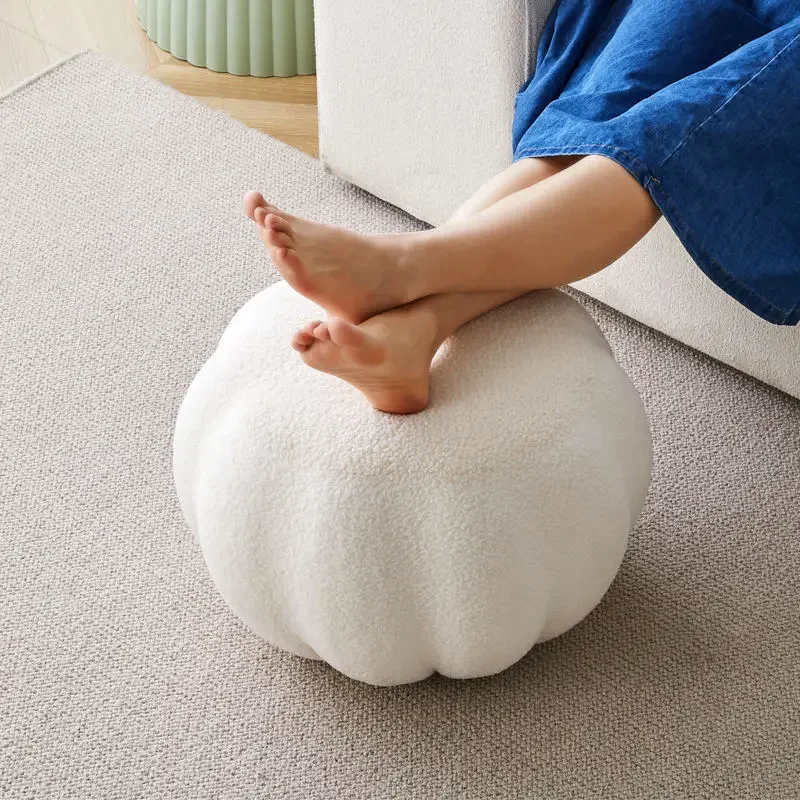 Pumpkin-shaped Stool Round Ottoman Fleece Fabric Vanity Chair, Sofa Coffee Table Side Stool & Household Shoe Changing Stool for