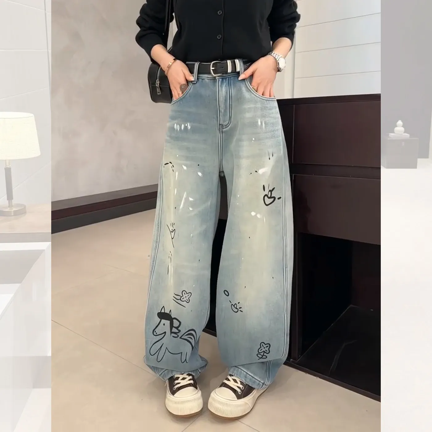 Y2K Ponytail Print Jeans Women American Light Blue Retro Washed Straight Leg Spring High Waist Slimming Wide Leg Pants