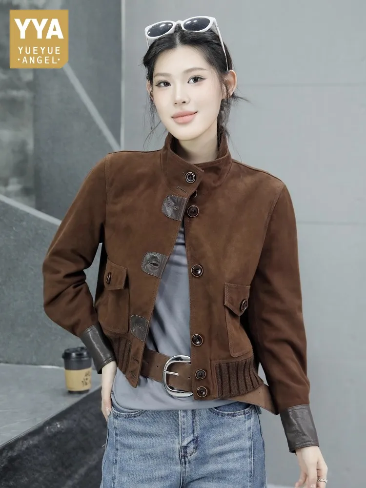 Autumn Vintage Women Single Breasted Genuine Leather Jacket Stand Collar Spliced Casual Outwear Coat Motorcycle Riding Jackets