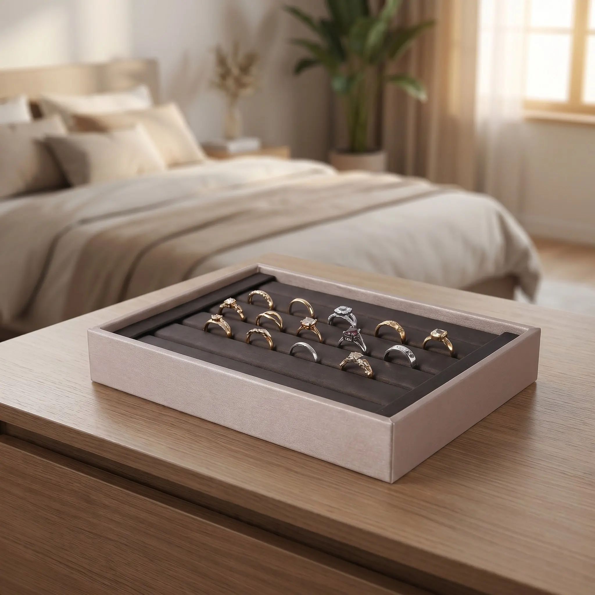 Jewelry Showcase Tray Stackable Ring Display Tray Brushed Coffee Matte Finish Jewelry Organizer for Store Display and