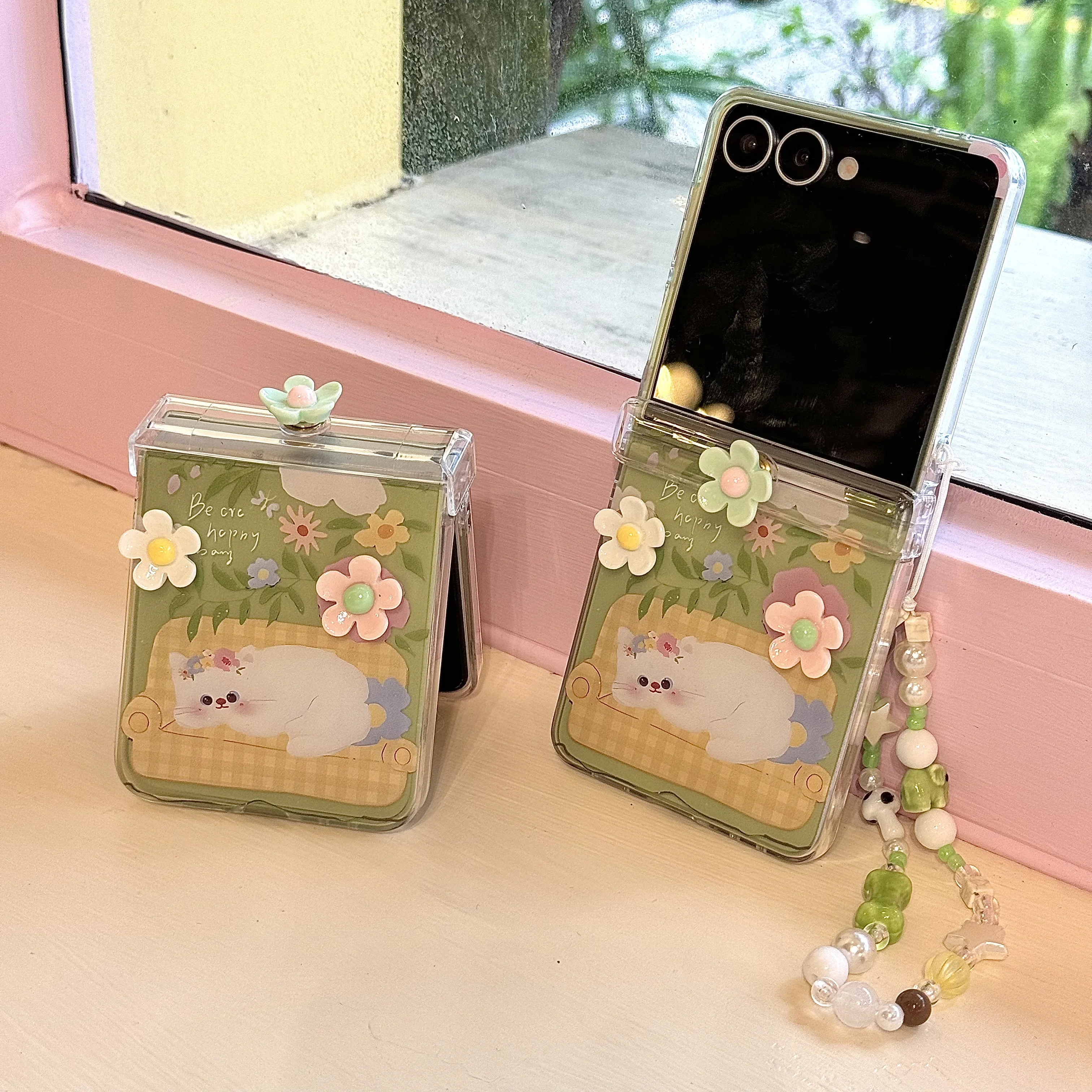 

Защитный чехол для телефона с петлями для Samsung Galaxy Z Flip 7/6/5/4/3 FE и 3D-цветочным ремешком на запястье с милым котом и звездой, костюм для Flip7/Flip6