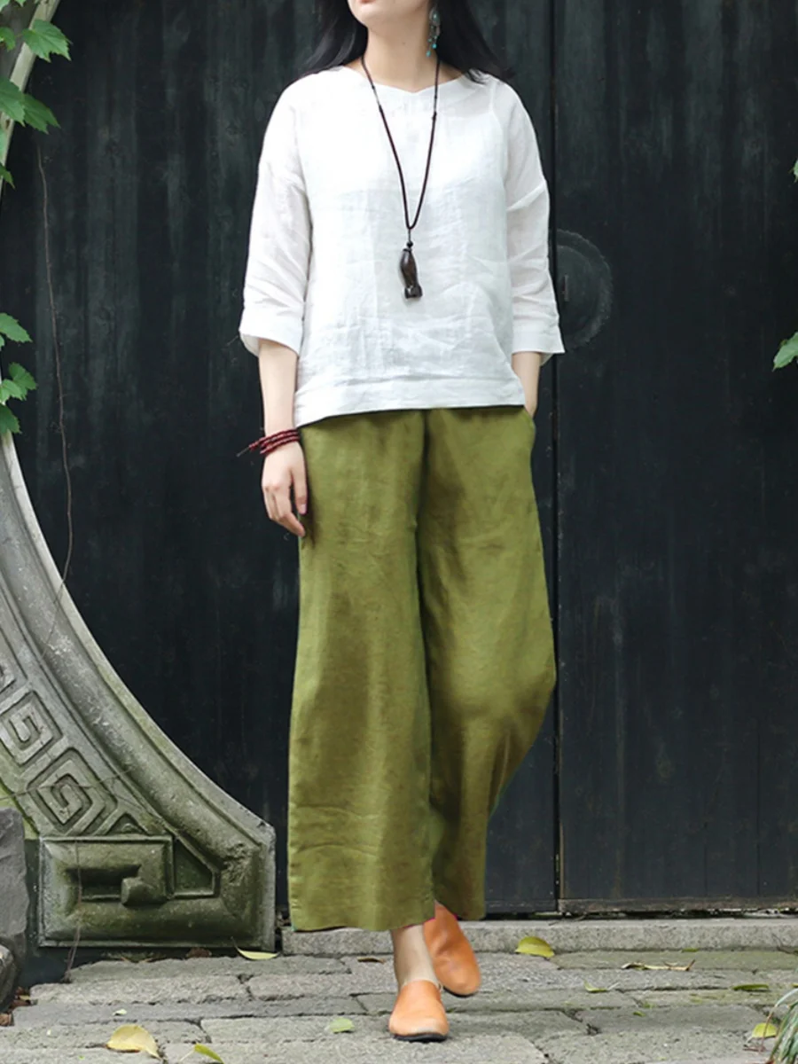 

High Waist Loose Cotton Linen Wide Leg Nine Point Pants Women's Artistic Retro Casual Trousers Summer Thin Model Pear ape