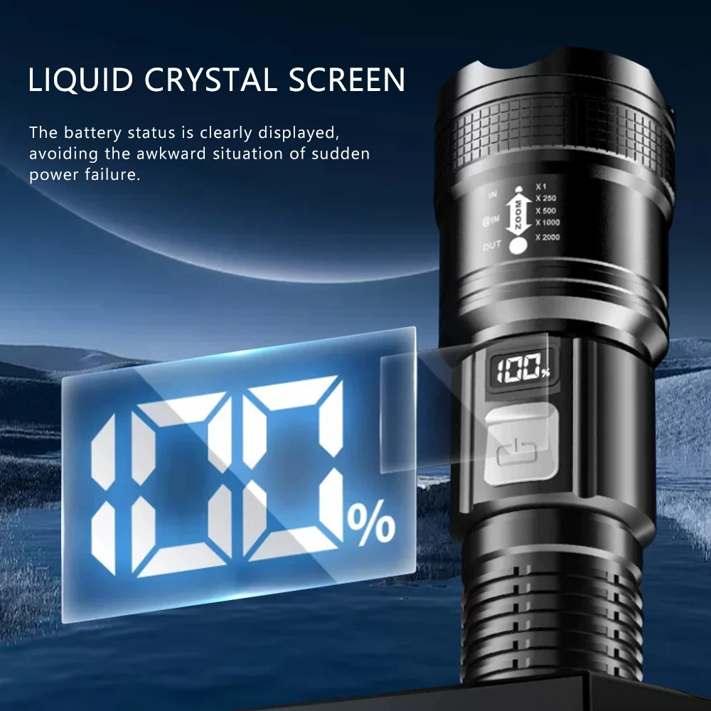 Ultra-High Power Flashlight Digital Electronic Display Waterproof Torch Zoom Hand Light Outdoor Camping Lantern
