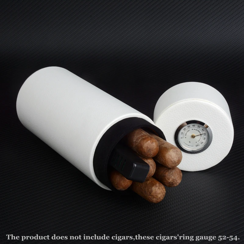 White Leather Cigar Case, Cedar Wood Lined Tube, Mini Travel Humidor Box w Humidifier and Hygrometer C Logo Cigar Holder