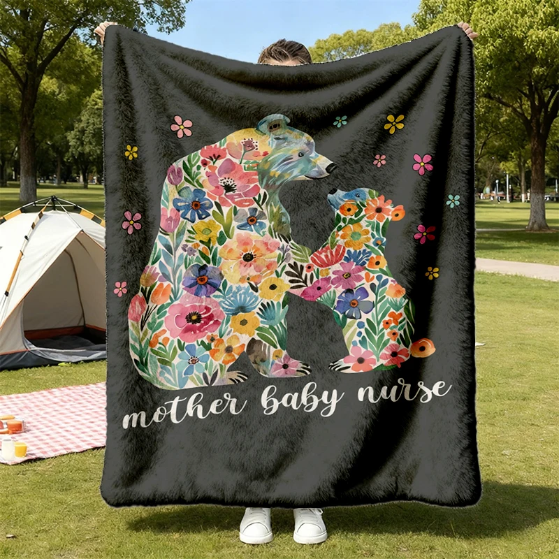 Mother Nurse Flannel Blanket, MBU Flannel Throw, , Mama And Flower Bears, Floral T, Cozy Blanket