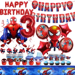 Decoraciones de fiesta de cumpleaños de Spiderman, globos, Pancarta, platos, taza, vajilla temática de araña, suministros para eventos, regalos para niños