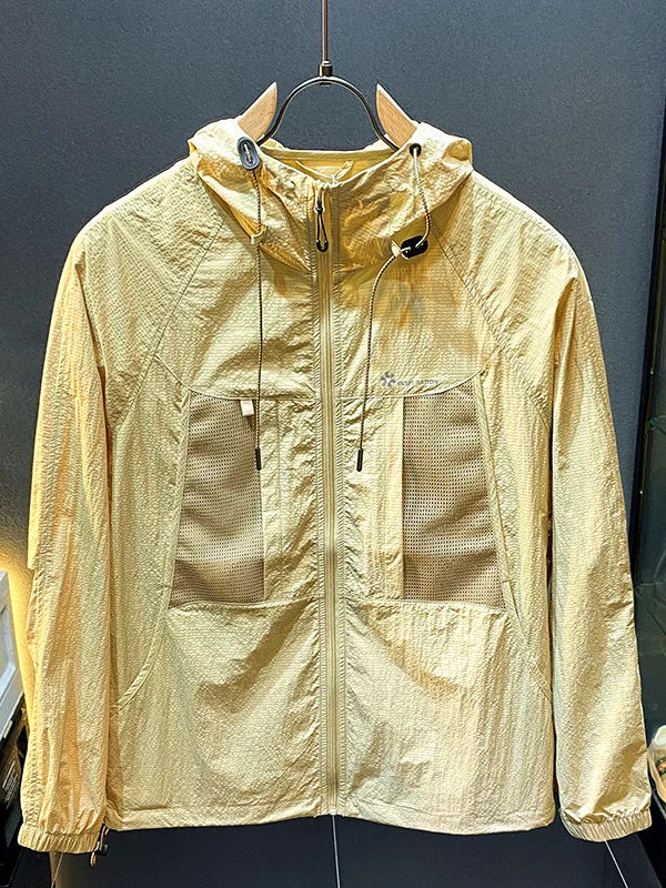 

Men's Summer Climbing Ice Silk Lightweight Jaet Breathable Skin irt Hooded Sun Protection Trendy Long Sve Stand Fit