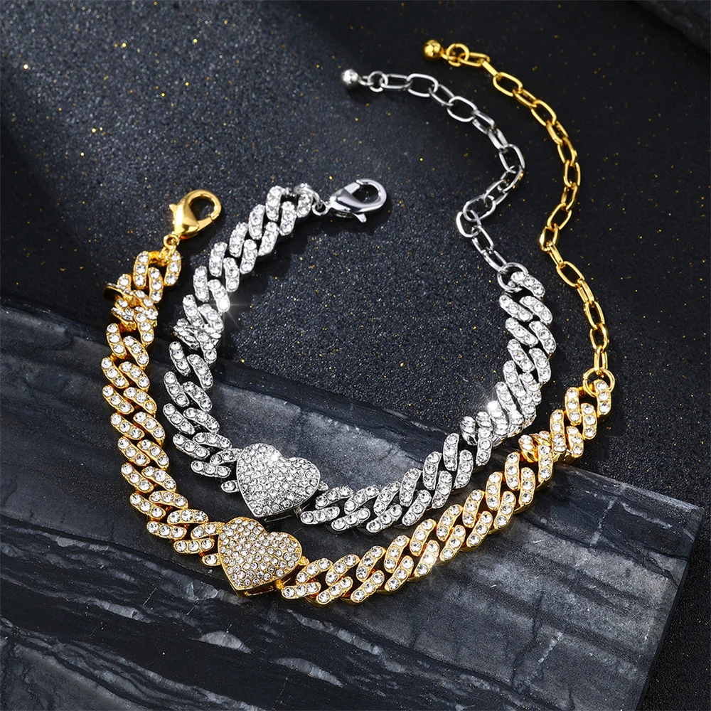 힙합 반짝 이는 1Row 쿠바 체인 하트 여성용 발목 다리 발에 합금 라인 석 하이힐 신발 비치 쥬얼리