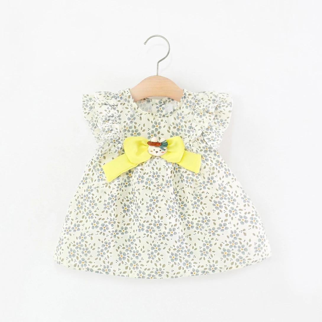 

Летнее платье для маленьких девочек, зеленое хлопковое платье с цветочным принтом и желтым бантом, наряд в корейском стиле для девочек, повседневная одежда