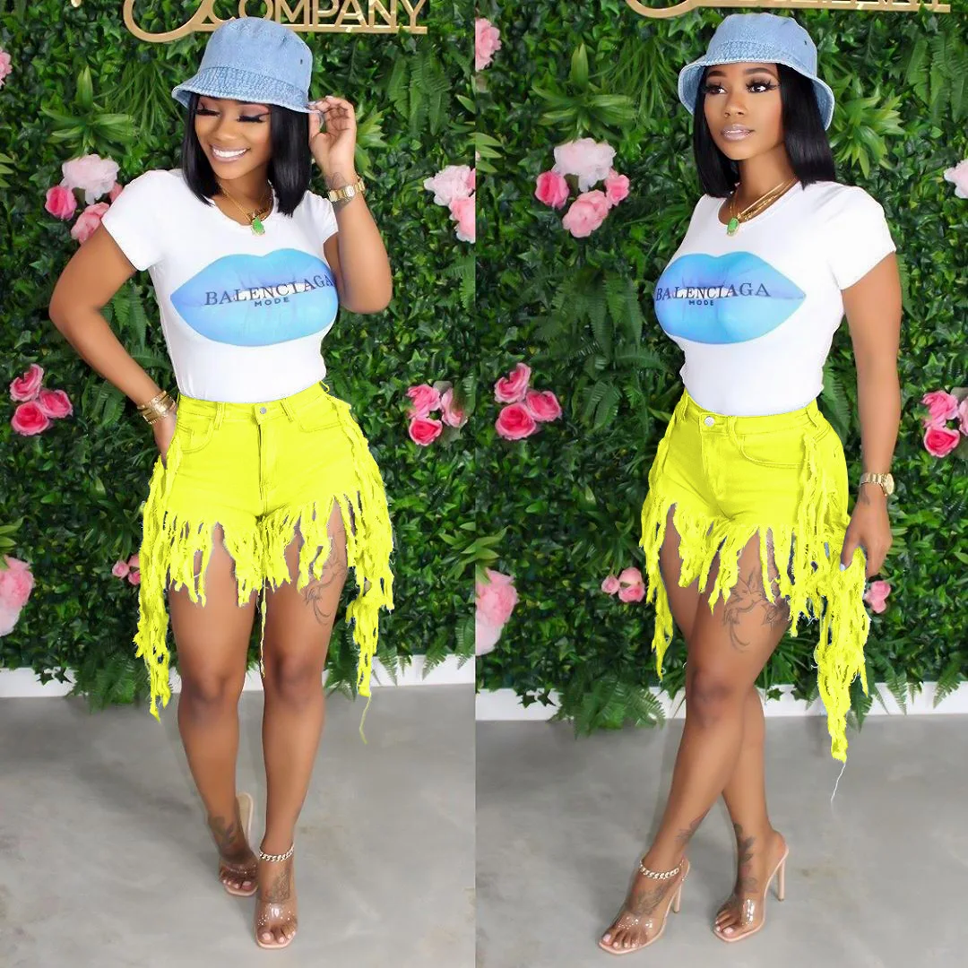 Pantalones cortos de mezclilla para mujer, pantalones cortos empalmados con borlas y bolsillos con botones, pantalones vaqueros irregulares informales lisos de calle alta, Regular, verano 2025