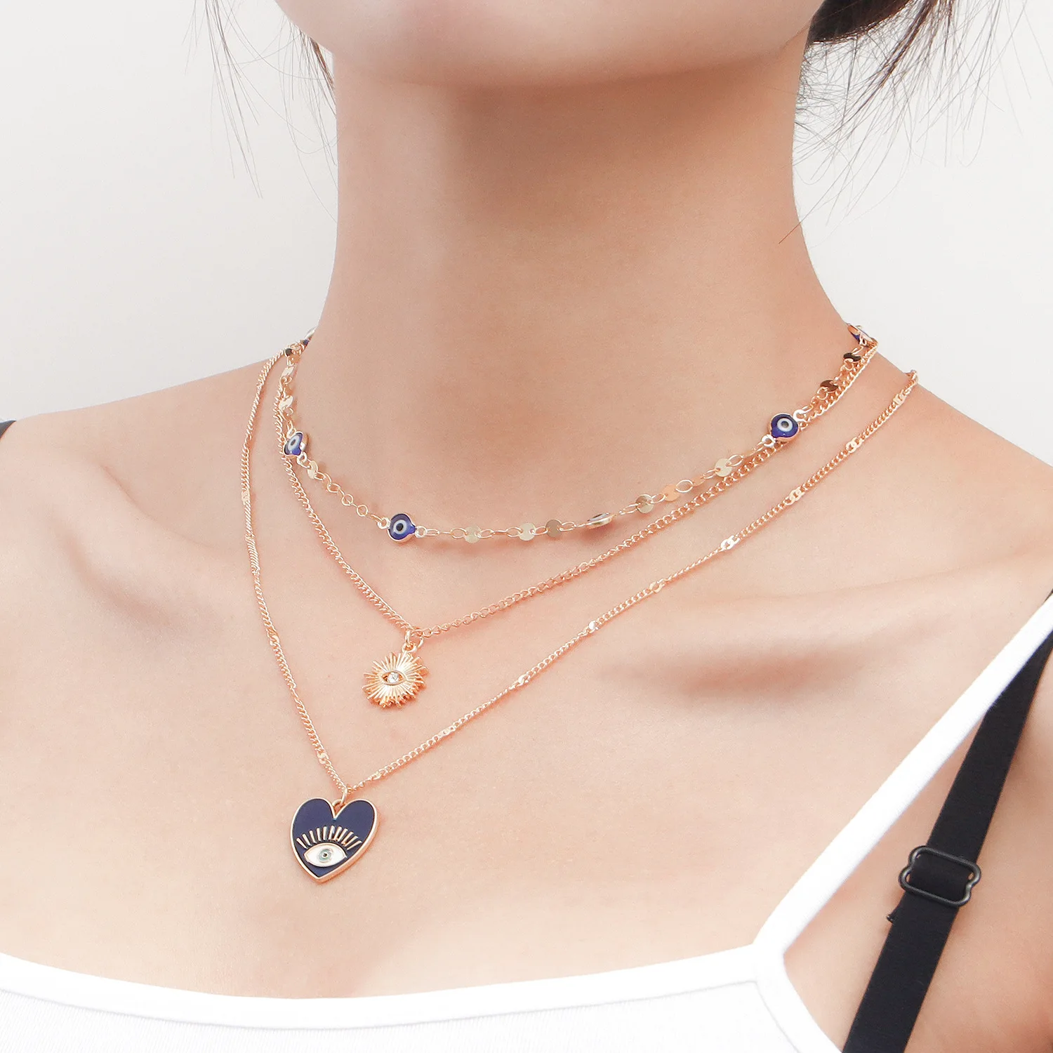 Minimalist Layered Choker Necklace All Seeing Eye Design Cold Style Unique Jewelry for Women Silver Standard Length