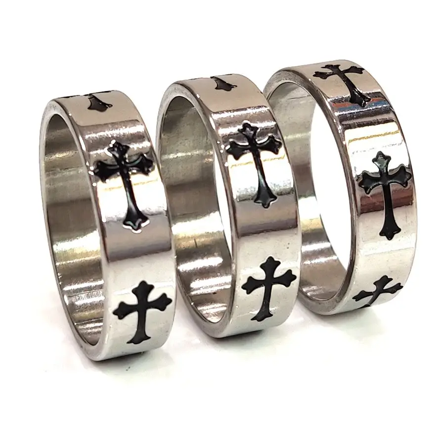 20pcs 50pcs Black Oil Filled Cross Stainless Steel Ring Men Jesus Wedding Rings Religious Ring for Women