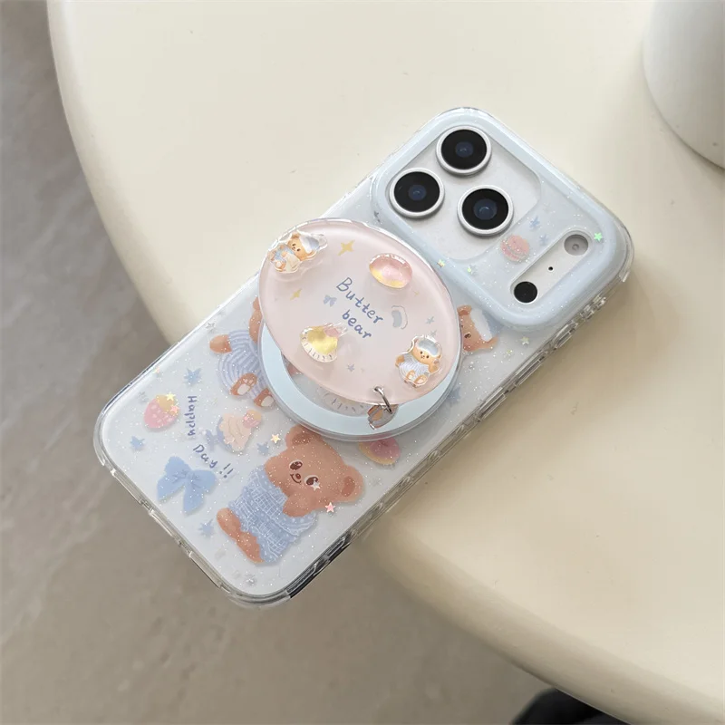 Kawaii Cartoon Bear Magnetic Phone Case For iPhone 17 Pro 16 15 14 Pro Max Cover with Magsafe Stand Holder Cute Cases 17Pro Capa - view 6