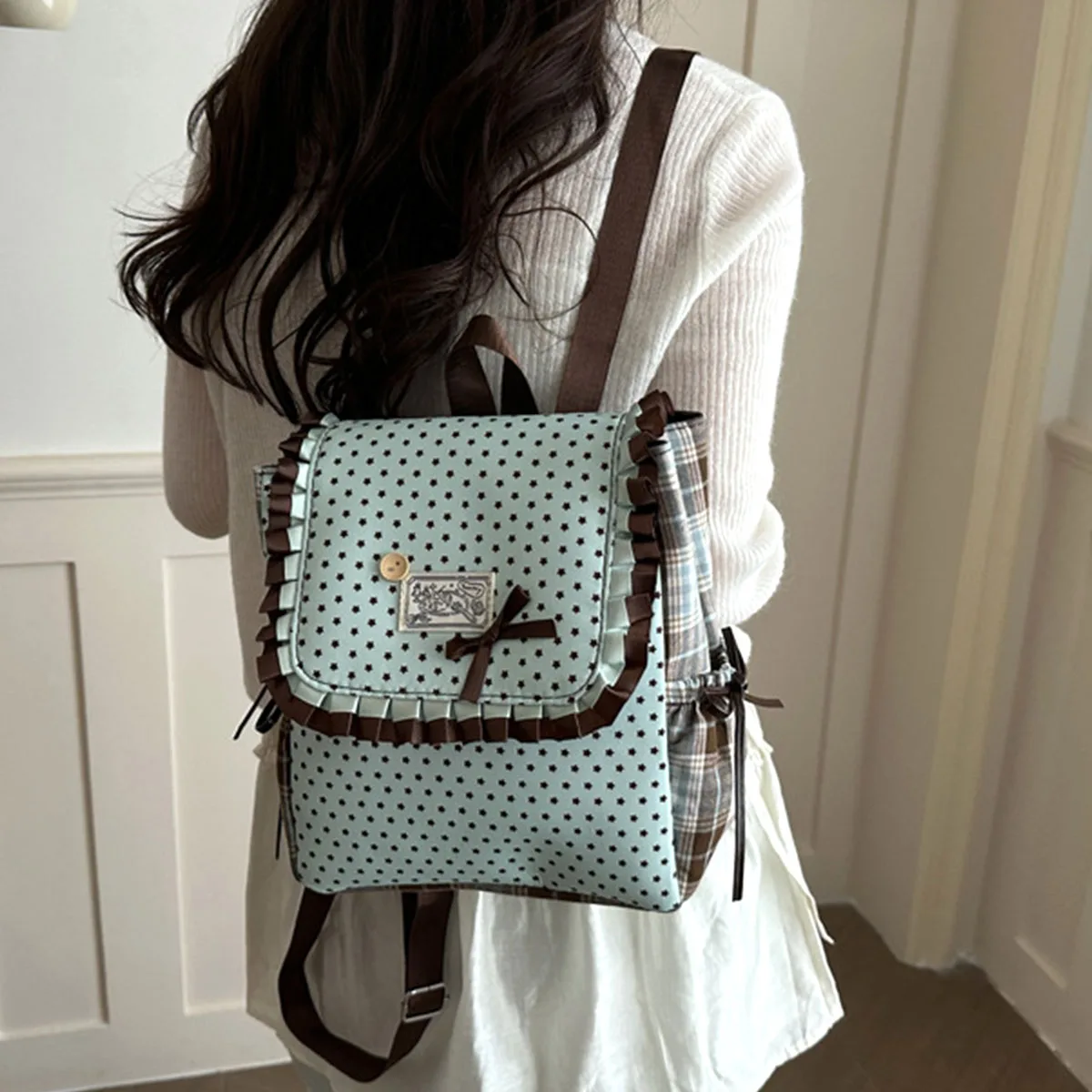 Cute Polka Dot Women Backpack Large Capacity Vintage College Style Sweet Ruffle Bow Daypack for Teen Girls Daily Travel Use