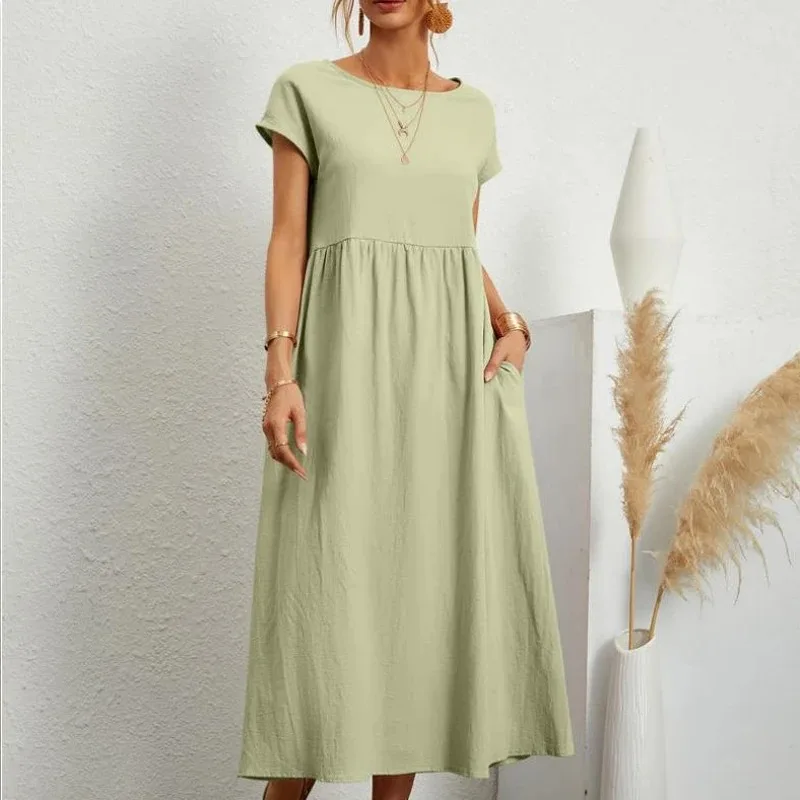 

Women's Casual Short Sleeve Cotton Dress with Pocket, O-Neck, Loose Long Dress, Linen Maxi Dresses, Korean Fashion, Solid, 24647