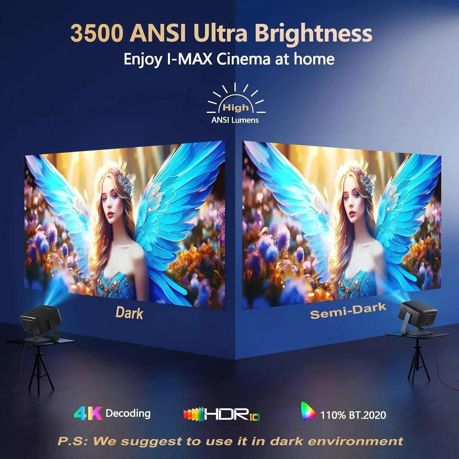 [3500 ANSI/ Official Apps/65W Audio] Outdoor 4K Projector with WiFi and Bluetooth, Auto Focus, Auto Keystone Smart Projector Sup