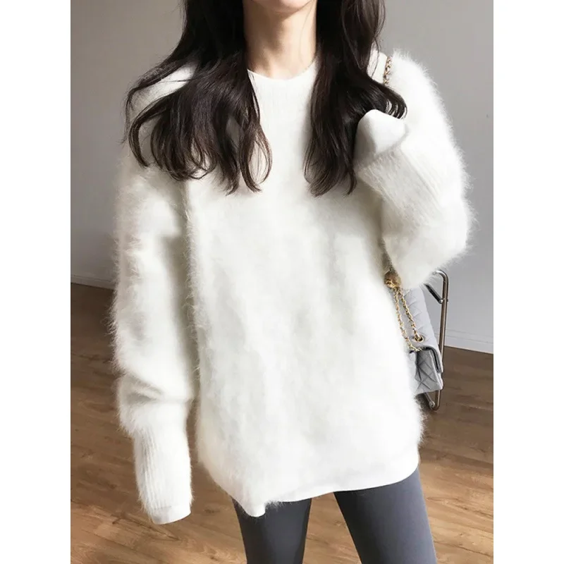 2024 New Women's Angora Knitted Pullover Sweater Loose-Fit Mink Round Neck Outerwear For Autumn/Winter Idle Style