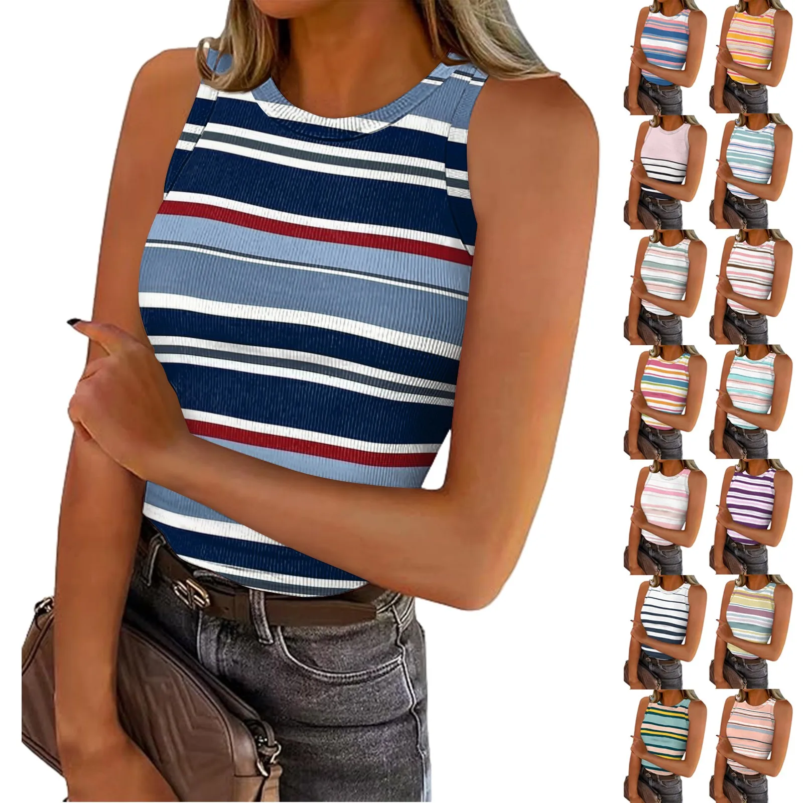 

Красочный классический полосатый сексуальный облегающий топ без рукавов с круглым вырезом для женщин, модный повседневный универсальный топ на бретелях