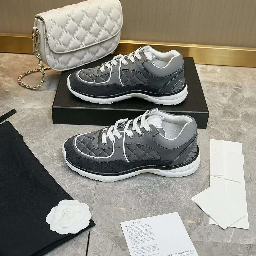 Dark Grey Diamond Quilted Sneakers Suede Patchwork Lace‑Up Thick Sole Casual Walking Shoes