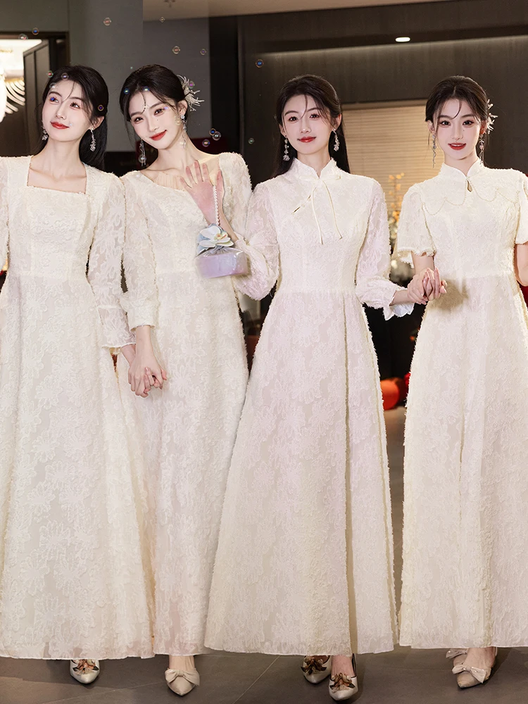 

Модное свадебное платье цвета шампань с длинными рукавами в китайском стиле, украшенное жемчугом, с юбкой А-силуэта для женщин