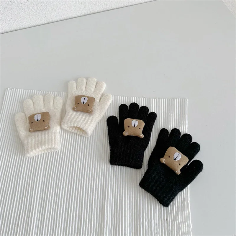 Cartoon Bär Baby Handschuhe Winter Warme Gestrickte Fäustlinge für Kleinkind Nette Einfarbig Kinder Junge Mädchen Volle Finger Handschuhe