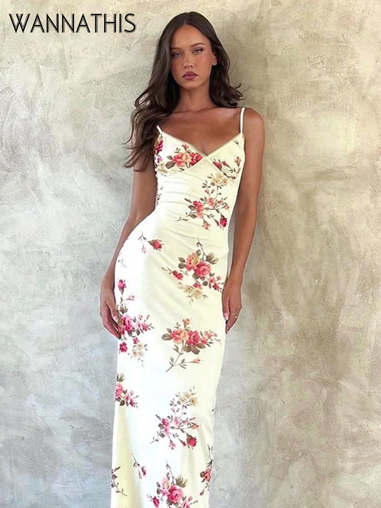 

WannaThis Elegant Print Spaghetti Strap Dress Women's Summer V Neck Bodycon Slim Beach Midi Dress Vacation Beach Party Club Robe